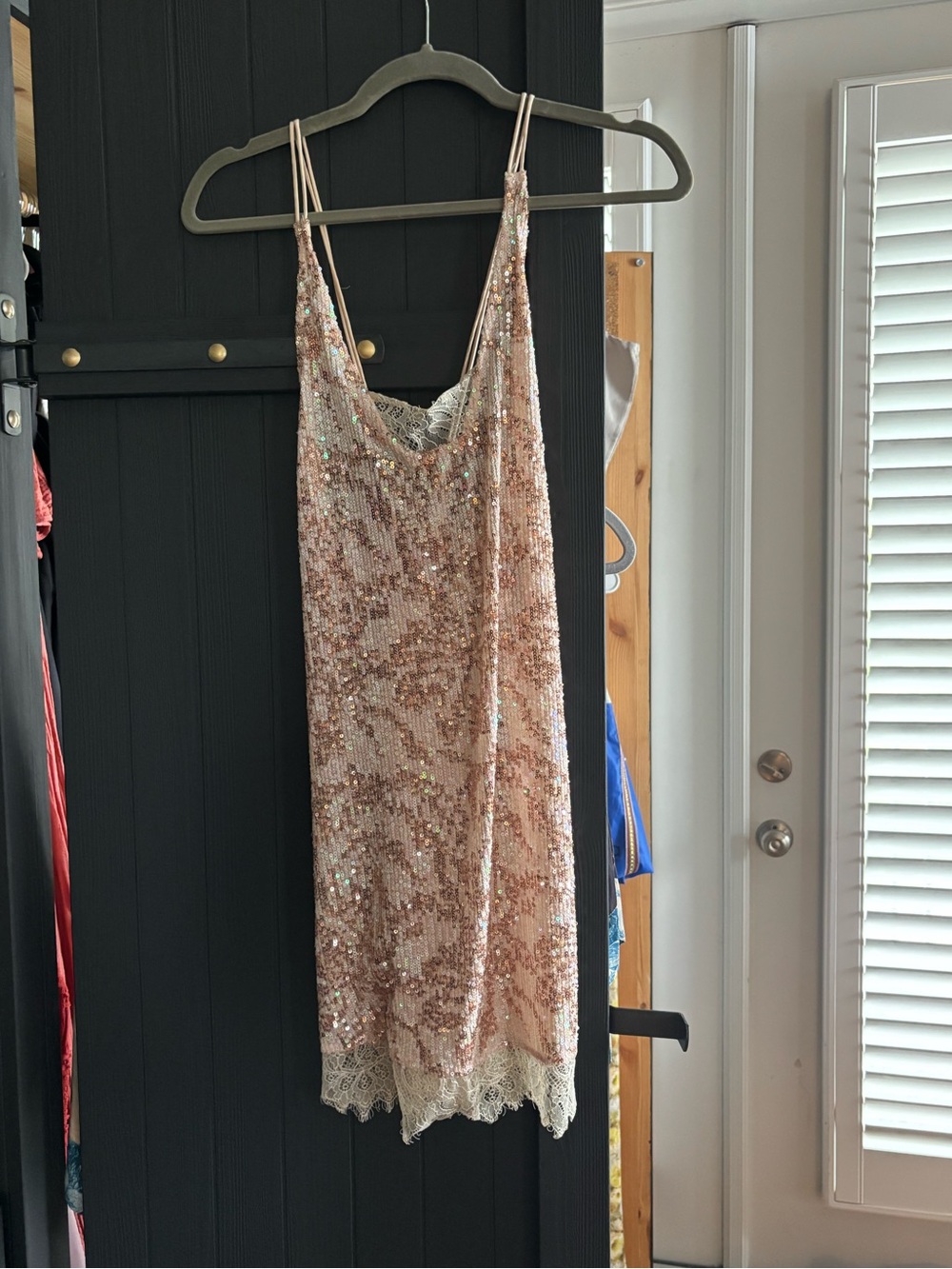 Free People Rose Gold Sequin Slip Dress with Lace Hem